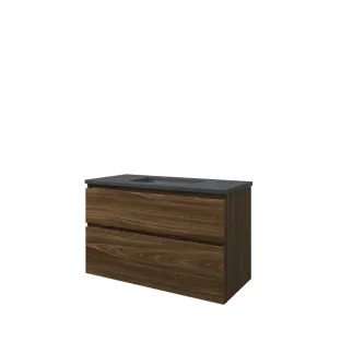 Proline Bathroom furniture - Elegant bluestone washbasin - Cabana oak/Blue stone - 100x46x62 cm - Single washbasin without tap hole - 2 asymmetrical drawers