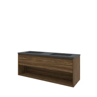 Proline Bathroom furniture - Elegant bluestone washbasin - Cabana oak/Blue stone - 140x46x54 cm - Double washbasin with 2 tap holes - 1 drawer and 1 open shelf