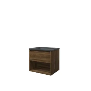 Proline Bathroom furniture - Elegant bluestone washbasin - Cabana oak/Blue stone - 60x46x54 cm - Single washbasin with 1 tap hole - 1 drawer and 1 open shelf