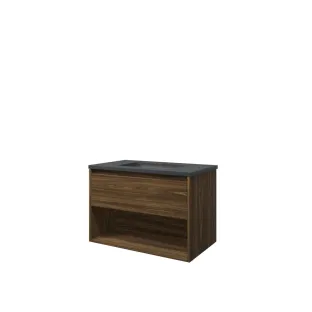 Proline Bathroom furniture - Elegant bluestone washbasin - Cabana oak/Blue stone - 80x46x54 cm - Single washbasin with 1 tap hole - 1 drawer and 1 open shelf