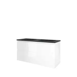 Proline Bathroom furniture - Elegant bluestone washbasin - Glossy white/Blue stone - 120x46x62 cm - Double washbasin with 2 tap holes - 2 asymmetrical drawers