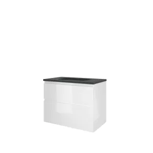 Proline Bathroom furniture - Elegant bluestone washbasin - Glossy white/Blue stone - 80x46x62 cm - Single washbasin without tap hole - 2 asymmetrical drawers