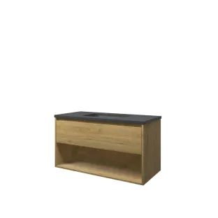 Proline Bathroom furniture - Elegant bluestone washbasin - Ideal oak/Blue stone - 100x46x54 cm - Single washbasin without tap hole - 1 drawer and 1 open shelf