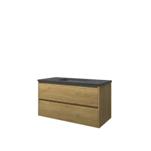 Proline Bathroom furniture - Elegant bluestone washbasin - Ideal oak/Blue stone - 100x46x54 cm - Single washbasin without tap hole - 2 symmetrical drawers