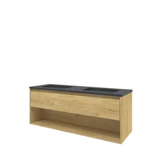 Proline Bathroom furniture - Elegant bluestone washbasin - Ideal oak/Blue stone - 140x46x54 cm - Double washbasin with 2 tap holes - 1 drawer and 1 open shelf