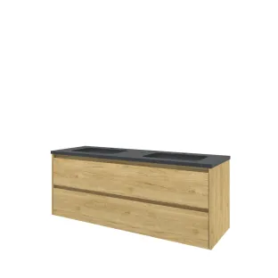 Proline Bathroom furniture - Elegant bluestone washbasin - Ideal oak/Blue stone - 140x46x54 cm - Double washbasin with 2 tap holes - 2 symmetrical drawers