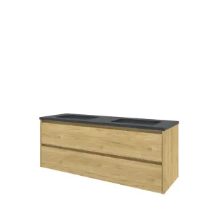 Proline Bathroom furniture - Elegant bluestone washbasin - Ideal oak/Blue stone - 140x46x54 cm - Double washbasin without tap hole - 2 symmetrical drawers