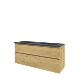 Proline Bathroom furniture - Elegant bluestone washbasin - Ideal oak/Blue stone - 140x46x62 cm - Double washbasin with 2 tap holes - 2 asymmetrical drawers