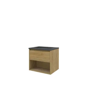 Proline Bathroom furniture - Elegant bluestone washbasin - Ideal oak/Blue stone - 60x46x54 cm - Single washbasin with 1 tap hole - 1 drawer and 1 open shelf