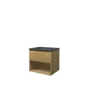 Proline Bathroom furniture - Elegant bluestone washbasin - Ideal oak/Blue stone - 60x46x54 cm - Single washbasin without tap hole - 1 drawer and 1 open shelf