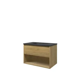 Proline Bathroom furniture - Elegant bluestone washbasin - Ideal oak/Blue stone - 80x46x54 cm - Single washbasin with 1 tap hole - 1 drawer and 1 open shelf