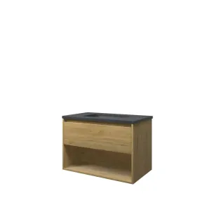 Proline Bathroom furniture - Elegant bluestone washbasin - Ideal oak/Blue stone - 80x46x54 cm - Single washbasin without tap hole - 1 drawer and 1 open shelf