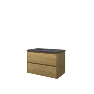 Proline Bathroom furniture - Elegant bluestone washbasin - Ideal oak/Blue stone - 80x46x54 cm - Single washbasin without tap hole - 2 symmetrical drawers