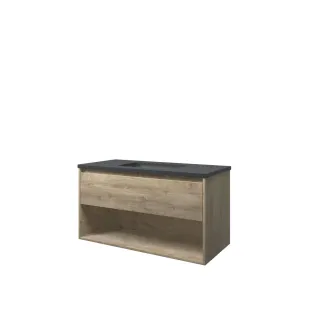 Proline Bathroom furniture - Elegant hardstone washbasin - Raw oak/Blue stone - 100x46x54 cm - Single washbasin with 1 tap hole - 1 drawer and 1 open shelf