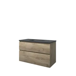 Proline Bathroom furniture - Elegant hardstone washbasin - Raw oak/Blue stone - 100x46x62 cm - Single washbasin without tap hole - 2 asymmetrical drawers