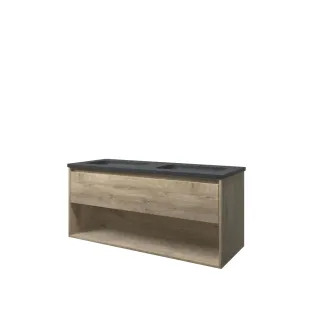 Proline Bathroom furniture - Elegant hardstone washbasin - Raw oak/Blue stone - 120x46x54 cm - Double washbasin with 2 tap holes - 1 drawer and 1 open shelf