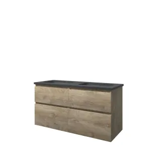 Proline Bathroom furniture - Elegant hardstone washbasin - Raw oak/Blue stone - 120x46x62 cm - Double washbasin without tap hole - 4 asymmetrical drawers