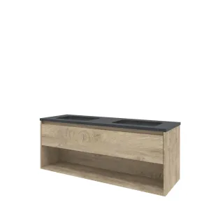 Proline Bathroom furniture - Elegant hardstone washbasin - Raw oak/Blue stone - 140x46x54 cm - Double washbasin without tap hole - 1 drawer and 1 open shelf