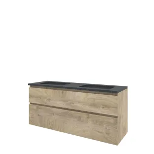 Proline Bathroom furniture - Elegant hardstone washbasin - Raw oak/Blue stone - 140x46x62 cm - Double washbasin without tap hole - 2 asymmetrical drawers