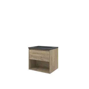 Proline Bathroom furniture - Elegant hardstone washbasin - Raw oak/Blue stone - 60x46x54 cm - Single washbasin with 1 tap hole - 1 drawer and 1 open shelf