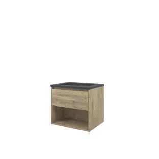 Proline Bathroom furniture - Elegant bluestone washbasin - Raw oak/Blue stone - 60x46x54 cm - Single washbasin without tap hole - 1 drawer and 1 open shelf