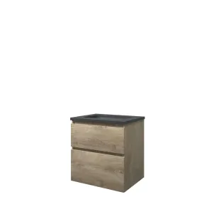 Proline Bathroom furniture - Elegant hardstone washbasin - Raw oak/Blue stone - 60x46x62 cm - Single washbasin without tap hole - 2 asymmetrical drawers