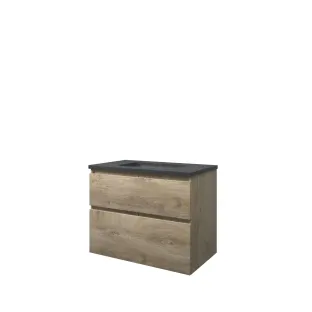 Proline Bathroom furniture - Elegant bluestone washbasin - Raw oak/Blue stone - 80x46x62 cm - Single washbasin without tap hole - 2 asymmetrical drawers