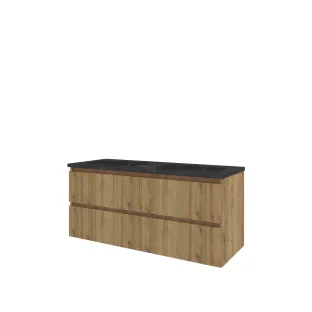 Proline Badkamermeubel - Wastafel elegant hardsteen - Urban oak/Blue stone - 120x46x54 cm - Dubbele wastafel met 2 kraangaten - 2 laden verticaal gefreesd