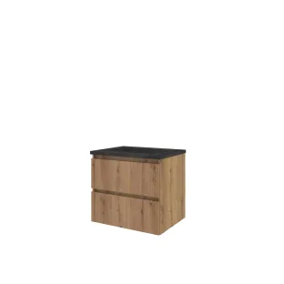 Proline Bathroom furniture - Elegant bluestone washbasin - Urban oak/Blue stone - 60x46x54 cm - Single washbasin with 1 tap hole - 2 vertically milled drawers