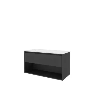 Proline Bathroom furniture - Washbasin elegant polystone - Black oak/Gloss white - 100x46x54 cm - Single washbasin with 1 tap hole - 1 drawer and 1 open shelf