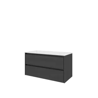 Proline Bathroom furniture - Washbasin elegant polystone - Black oak/Gloss white - 100x46x54 cm - Single washbasin without tap hole - 2 symmetrical drawers