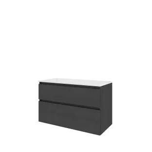 Proline Bathroom furniture - Washbasin elegant polystone - Black oak/Gloss white - 100x46x62 cm - Single washbasin without tap hole - 2 asymmetrical drawers