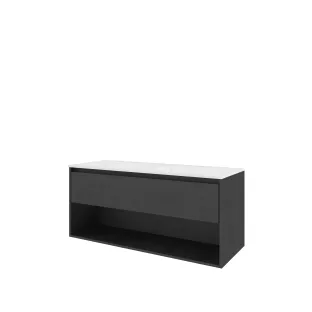 Proline Bathroom furniture - Washbasin elegant polystone - Black oak/Gloss white - 120x46x54 cm - Double washbasin with 2 tap holes - 1 drawer and 1 open shelf