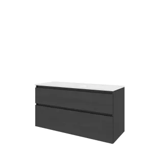 Proline Bathroom furniture - Washbasin elegant polystone - Black oak/Gloss white - 120x46x62 cm - Double washbasin with 2 tap holes - 2 asymmetrical drawers