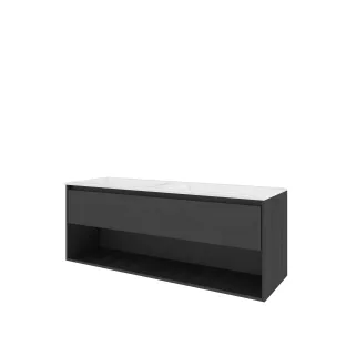 Proline Bathroom furniture - Washbasin elegant polystone - Black oak/Gloss white - 140x46x54 cm - Double washbasin without tap hole - 1 drawer and 1 open shelf