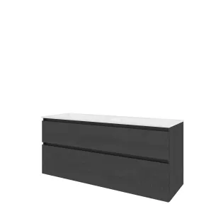 Proline Bathroom furniture - Washbasin elegant polystone - Black oak/Gloss white - 140x46x62 cm - Double washbasin with 2 tap holes - 2 asymmetrical drawers