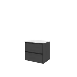 Proline Bathroom furniture - Washbasin elegant polystone - Black oak/Gloss white - 60x46x54 cm - Single washbasin with 1 tap hole - 2 symmetrical drawers