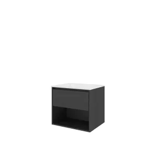 Proline Bathroom furniture - Washbasin elegant polystone - Black oak/Gloss white - 60x46x54 cm - Single washbasin without tap hole - 1 drawer and 1 open shelf