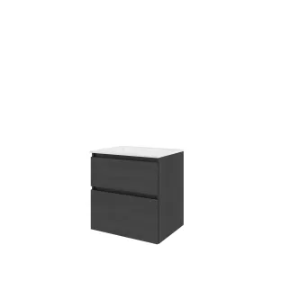 Proline Bathroom furniture - Elegant polystone washbasin - Black oak/Gloss white - 60x46x62 cm - Single washbasin with 1 tap hole - 2 asymmetrical drawers