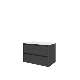 Proline Bathroom furniture - Washbasin elegant polystone - Black oak/Gloss white - 80x46x54 cm - Single washbasin with 1 tap hole - 2 symmetrical drawers