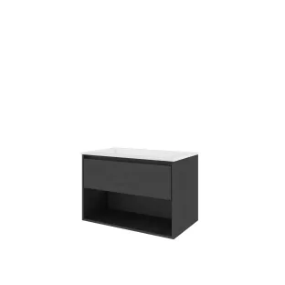 Proline Bathroom furniture - Washbasin elegant polystone - Black oak/Gloss white - 80x46x54 cm - Single washbasin without tap hole - 1 drawer and 1 open shelf