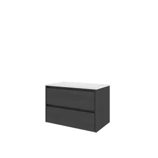 Proline Bathroom furniture - Washbasin elegant polystone - Black oak/Gloss white - 80x46x54 cm - Single washbasin without tap hole - 2 symmetrical drawers