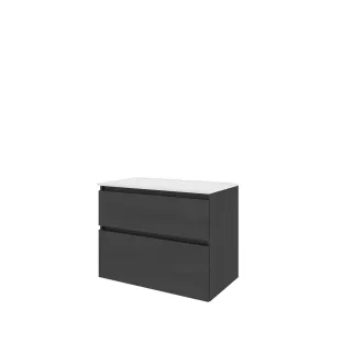 Proline Bathroom furniture - Elegant polystone washbasin - Black oak/Gloss white - 80x46x62 cm - Single washbasin with 1 tap hole - 2 asymmetrical drawers