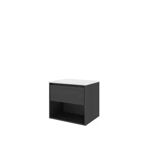 Proline Bathroom furniture - Washbasin elegant polystone - Black oak/Matt white - 60x46x54 cm - Single washbasin without tap hole - 1 drawer and 1 open shelf