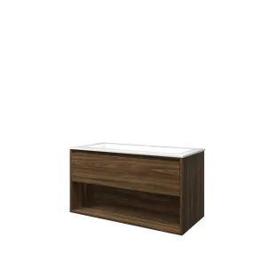 Proline Bathroom furniture - Washbasin elegant polystone - Cabana oak/Gloss white - 100x46x54 cm - Single washbasin with 1 tap hole - 1 drawer and 1 open shelf