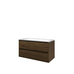 Proline Bathroom furniture - Washbasin elegant polystone - Cabana oak/Gloss white - 100x46x54 cm - Single washbasin with 2 tap holes - 2 symmetrical drawers