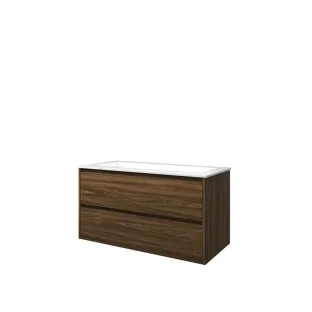 Proline Bathroom furniture - Washbasin elegant polystone - Cabana oak/Gloss white - 100x46x54 cm - Single washbasin without tap hole - 2 symmetrical drawers