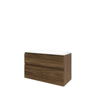 Proline Bathroom furniture - Washbasin elegant polystone - Cabana oak/Gloss white - 100x46x62 cm - Single washbasin without tap hole - 2 asymmetrical drawers