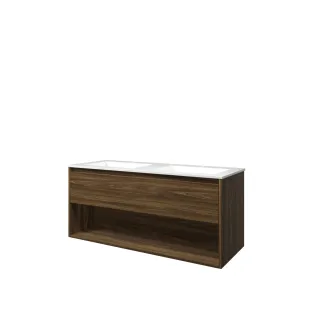 Proline Bathroom furniture - Washbasin elegant polystone - Cabana oak/Gloss white - 120x46x54 cm - Double washbasin with 2 tap holes - 1 drawer and 1 open shelf