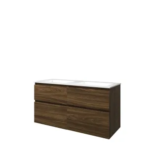 Proline Bathroom furniture - Washbasin elegant polystone - Cabana oak/Gloss white - 120x46x62 cm - Double washbasin with 2 tap holes - 4 asymmetrical drawers